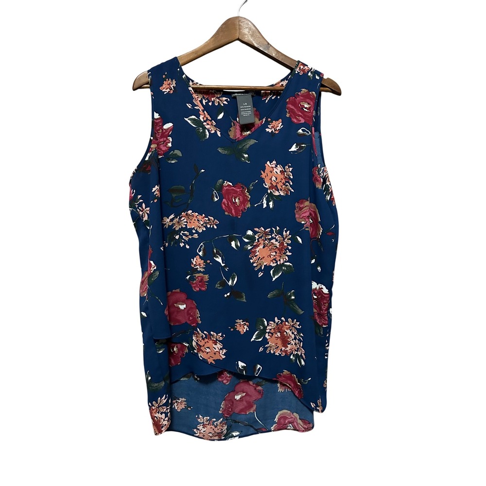 Chelsea & Theodore Womens Navy Floral Sleeveless V Neck High Low Top Plus Size L